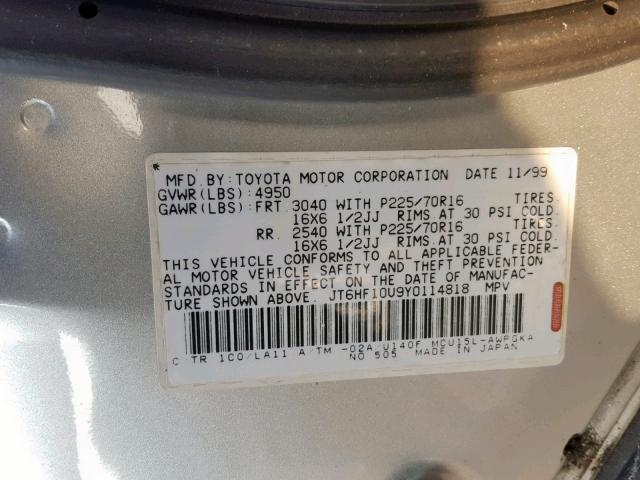 JT6HF10U9Y0114818 - 2000 LEXUS RX 300 SILVER photo 10