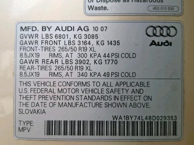 WA1BY74L48D029353 - 2008 AUDI Q7 3.6 QUA TAN photo 10