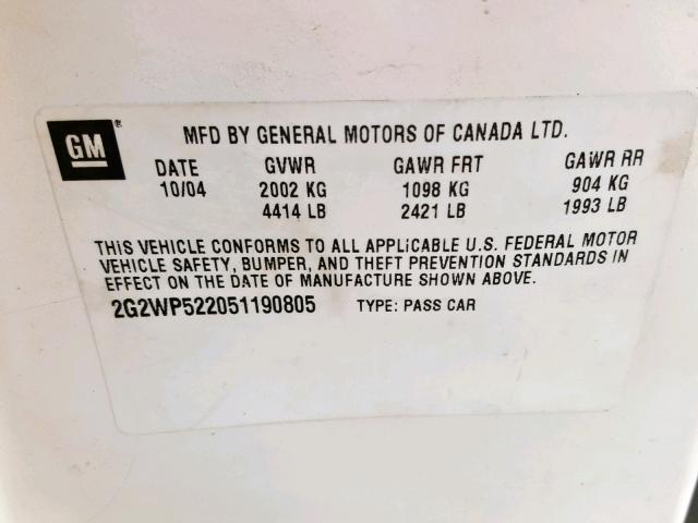 2G2WP522051190805 - 2005 PONTIAC GRAND PRIX WHITE photo 10