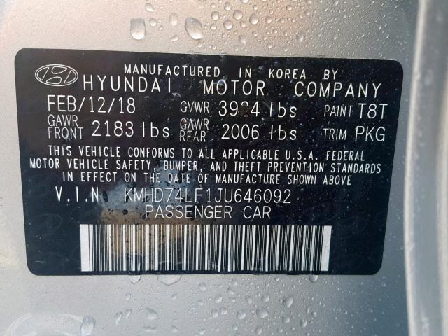 KMHD74LF1JU646092 - 2018 HYUNDAI ELANTRA SE SILVER photo 10