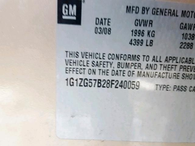 1G1ZG57B28F240059 - 2008 CHEVROLET MALIBU LS GOLD photo 10