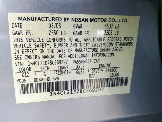 1N4CL21E78C269297 - 2008 NISSAN ALTIMA HYB SILVER photo 10