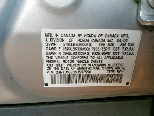 2HNYD18836H537550 - 2006 ACURA MDX TOURIN SILVER photo 10