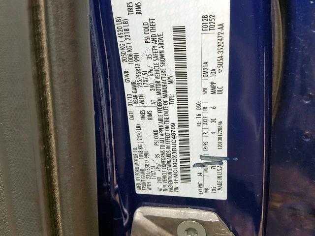 1FMCU0GX3DUC48709 - 2013 FORD ESCAPE SE BLUE photo 10