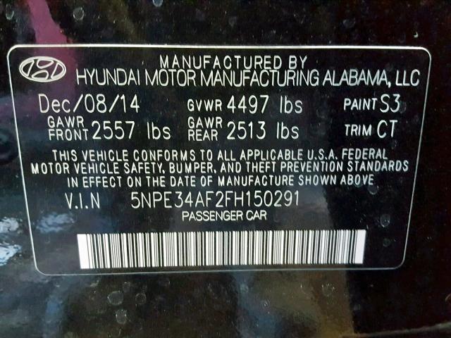 5NPE34AF2FH150291 - 2015 HYUNDAI SONATA SPO BLACK photo 10