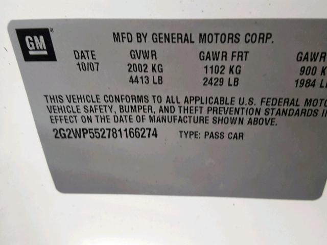 2G2WP552781166274 - 2008 PONTIAC GRAND PRIX თეთრი ფოტო 10