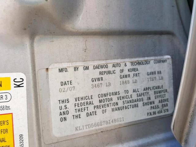 KL1TD56627B148621 - 2007 CHEVROLET AVEO BASE ვერცხლისფერი ფოტო 10