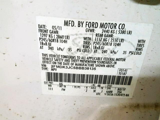 2FMDK3JC5BBB38135 - 2011 FORD EDGE SEL WHITE photo 10