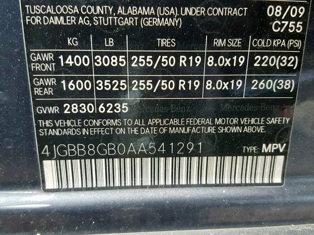 4JGBB8GB0AA541291 - 2010 MERCEDES-BENZ ML 350 4MA GRAY photo 10