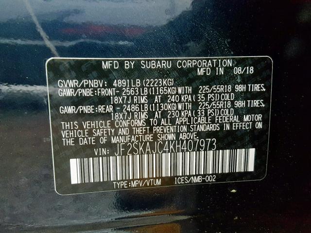 JF2SKAJC4KH407973 - 2019 SUBARU FORESTER S BLUE photo 10