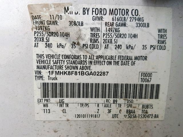 1FMHK8F81BGA02287 - 2011 FORD EXPLORER L WHITE photo 10