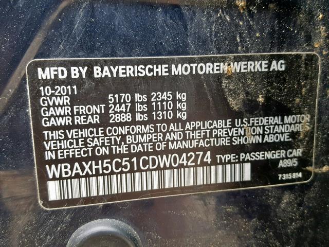 WBAXH5C51CDW04274 - 2012 BMW 528 XI BLUE photo 10