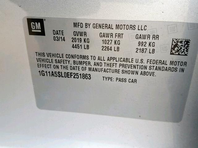 1G11A5SL0EF251863 - 2014 CHEVROLET MALIBU LS ვერცხლისფერი ფოტო 10