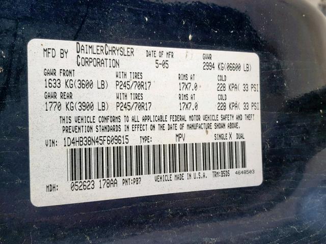 1D4HB38N45F609615 - 2005 DODGE DURANGO ST BLUE photo 10