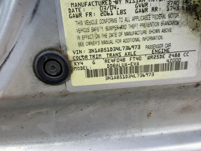 3N1AB51D34L736973 - 2004 NISSAN SENTRA SE- SILVER photo 10