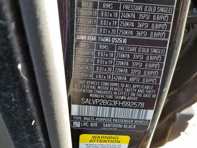 SALVP2BG3FH992578 - 2015 LAND ROVER RANGE ROVE BLACK photo 10