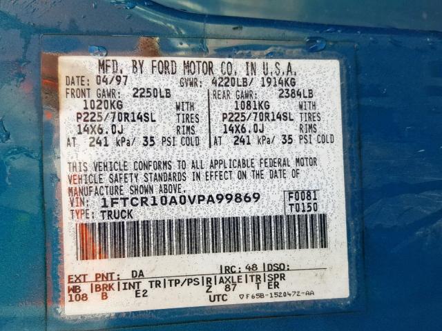 1FTCR10A0VPA99869 - 1997 FORD RANGER GREEN photo 10