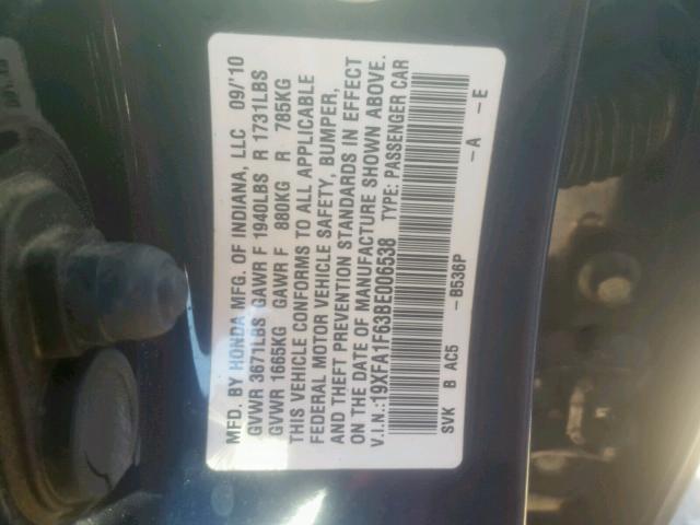 19XFA1F63BE006538 - 2011 HONDA CIVIC LX-S Azul foto 10