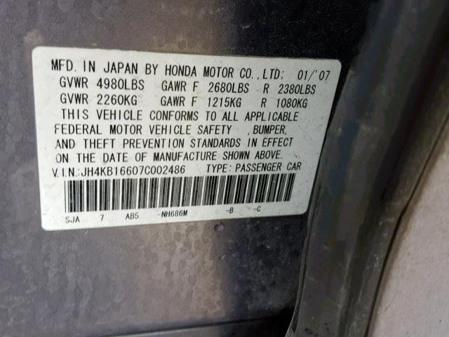 JH4KB16607C002486 - 2007 ACURA RL GRAY photo 10