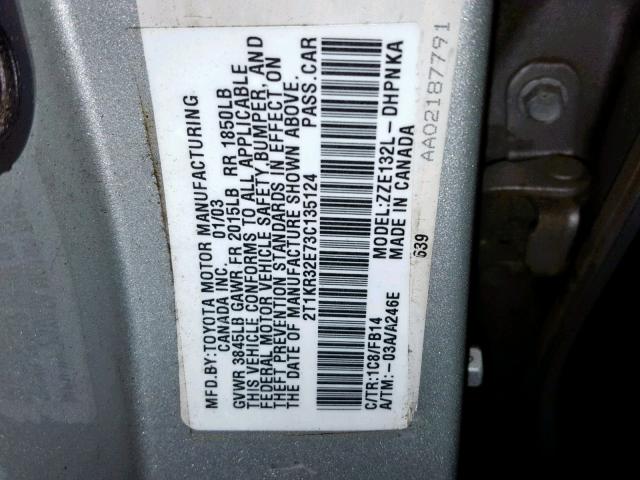 2T1KR32E73C135124 - 2003 TOYOTA COROLLA MA SILVER photo 10