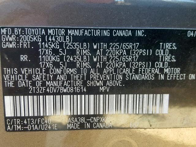 2T3ZF4DV7BW081614 - 2011 TOYOTA RAV4 BROWN photo 10