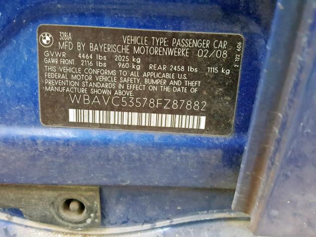 WBAVC53578FZ87882 - 2008 BMW 328 I SULE BLUE photo 10