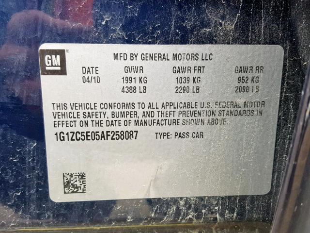 1G1ZC5E05AF258087 - 2010 CHEVROLET MALIBU 1LT ლურჯი ფოტო 10