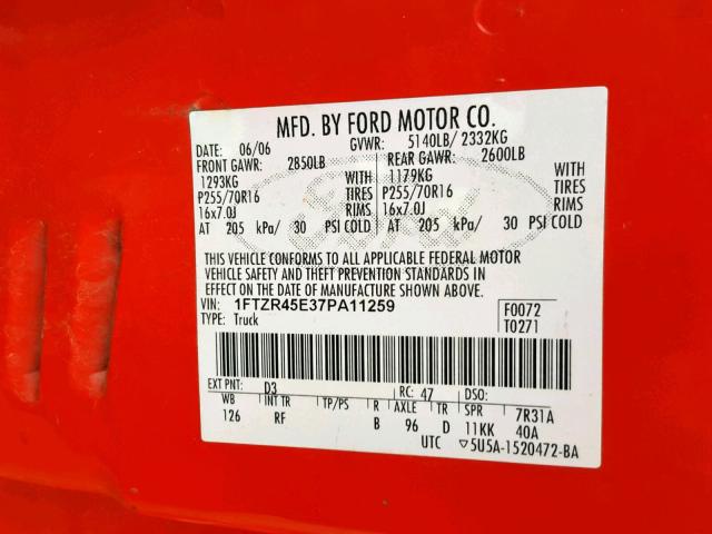 1FTZR45E37PA11259 - 2007 FORD RANGER SUP RED photo 10