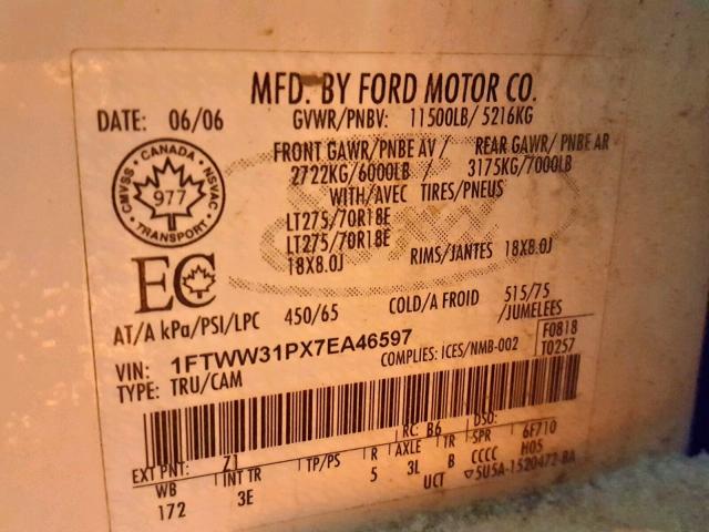 1FTWW31PX7EA46597 - 2007 FORD F350 SRW S WHITE photo 10