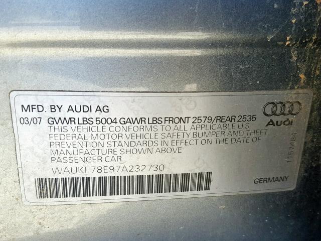 WAUKF78E97A232730 - 2007 AUDI A4 2.0T AV GRAY photo 10