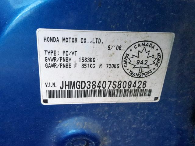 JHMGD38407S809426 - 2007 HONDA FIT BLUE photo 10