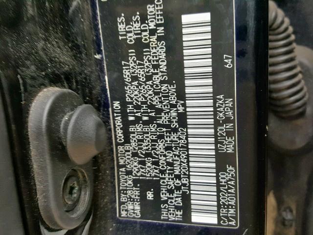 JTJBT20X490178402 - 2009 LEXUS GX 470 BLACK photo 10