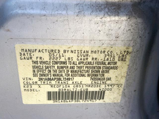 3N1AB6AP3BL724917 - 2011 NISSAN SENTRA 2.0 SILVER photo 10