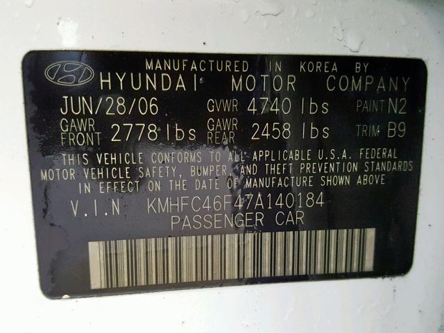 KMHFC46F47A140184 - 2007 HYUNDAI AZERA SE WHITE photo 10