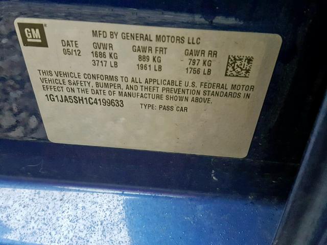 1G1JA5SH1C4199633 - 2012 CHEVROLET SONIC LS BLUE photo 10