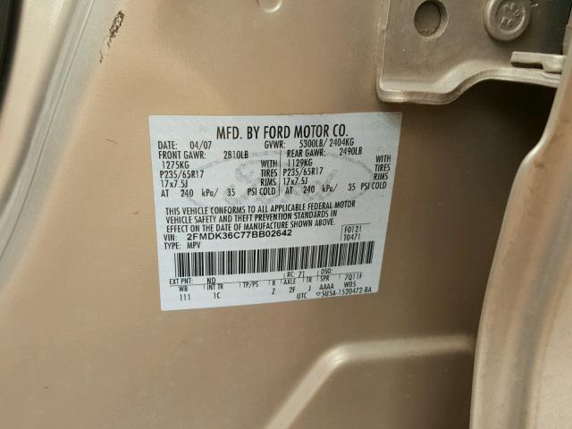 2FMDK36C77BB02642 - 2007 FORD EDGE SE GOLD photo 10