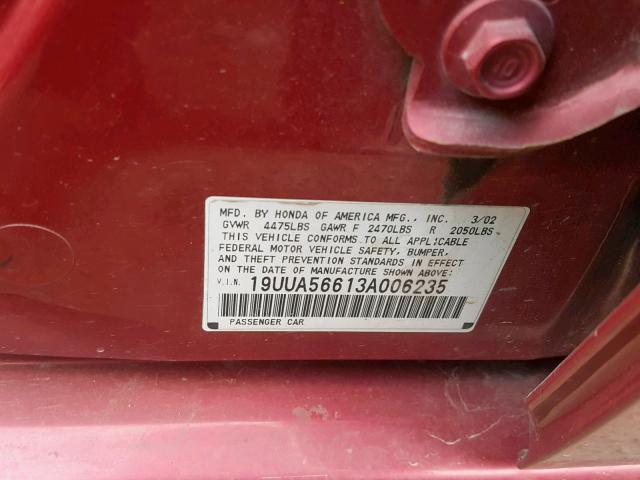 19UUA56613A006235 - 2003 ACURA 3.2TL MAROON photo 10