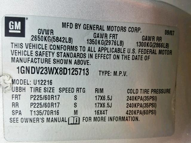 1GNDV23WX8D125713 - 2008 CHEVROLET UPLANDER L SILVER photo 10