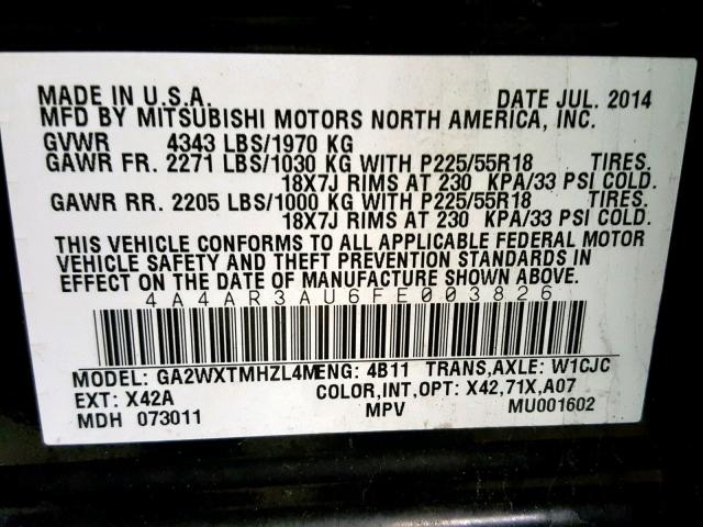 4A4AR3AU6FE003826 - 2015 MITSUBISHI OUTLANDER BLACK photo 10