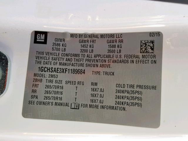 1GCHSAE3XF1189684 - 2015 CHEVROLET COLORADO WHITE photo 10