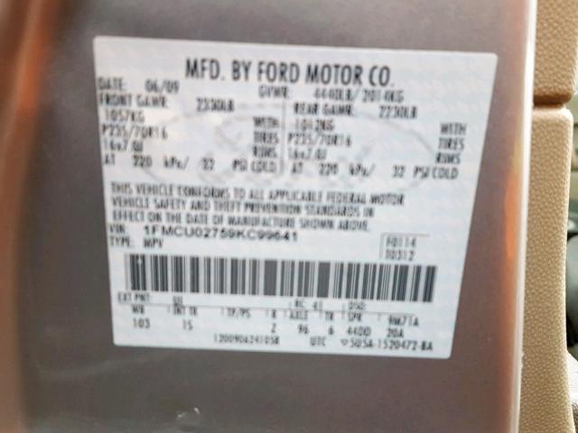 1FMCU02759KC99641 - 2009 FORD ESCAPE XLS SILVER photo 10