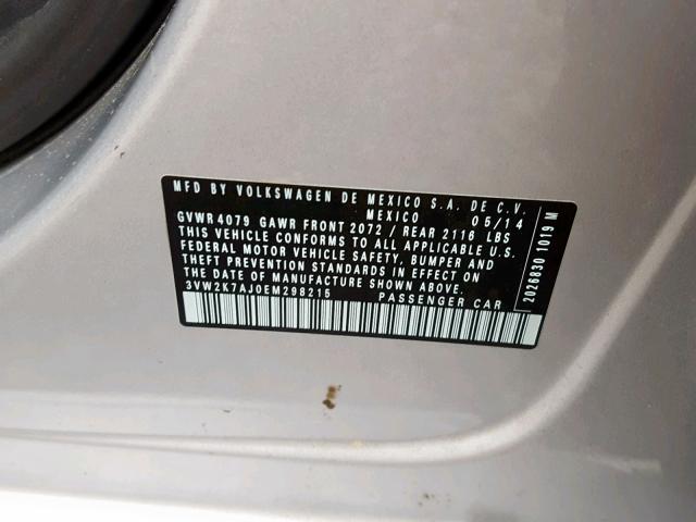 3VW2K7AJ0EM298215 - 2014 VOLKSWAGEN JETTA BASE 银色 照片 10