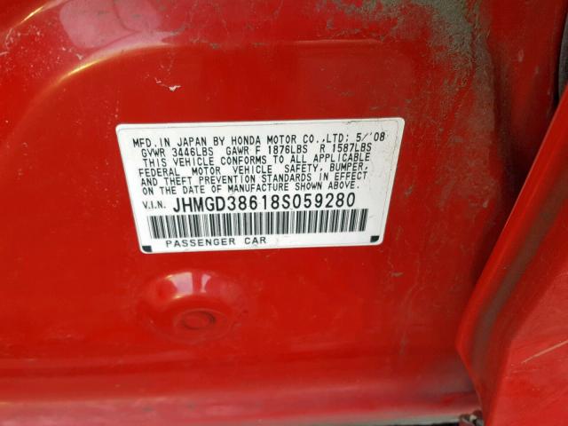 JHMGD38618S059280 - 2008 HONDA FIT SPORT RED photo 10