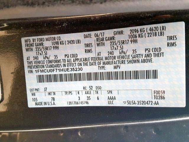 1FMCU0F71HUE35230 - 2017 FORD ESCAPE S GRAY photo 10