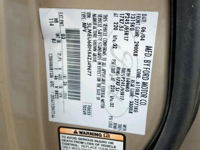 5LMEU68HX4ZJ49677 - 2004 LINCOLN AVIATOR 金色 照片 10