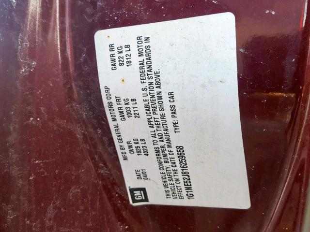 1G1NE52J816259658 - 2001 CHEVROLET MALIBU LS BURGUNDY photo 10