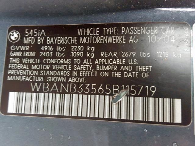 WBANB33565B115719 - 2005 BMW 545 I GRAY photo 10