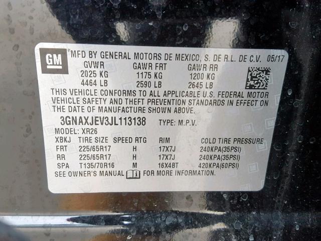 3GNAXJEV3JL113138 - 2018 CHEVROLET EQUINOX LT BLACK photo 10