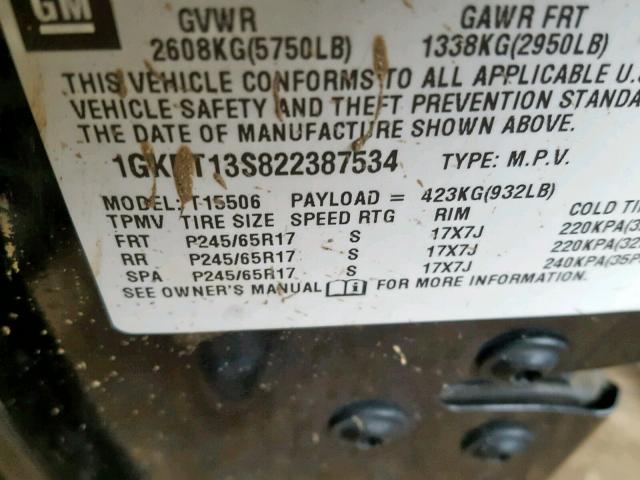 1GKDT13S822387534 - 2002 GMC ENVOY BLACK photo 10