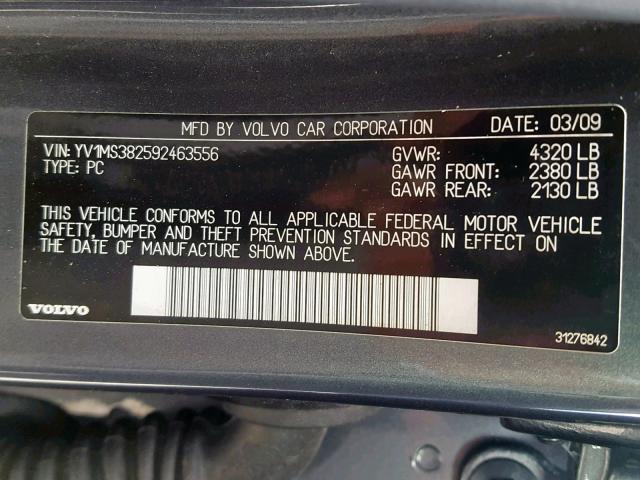 YV1MS382592463556 - 2009 VOLVO S40 2.4I GRAY photo 10